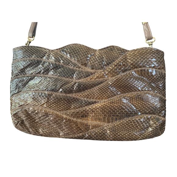 Vintage 70s Sylvia Snakeskin Convertible Clutch Shoulder Bag Brown 11"x7" - Picture 1 of 9
